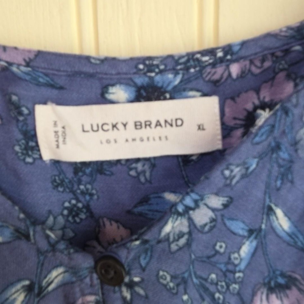Lucky Brand Blouse Womens XL Blue Henley Sleeveless Floral Lightweight Tunic Top - Picture 3 of 7